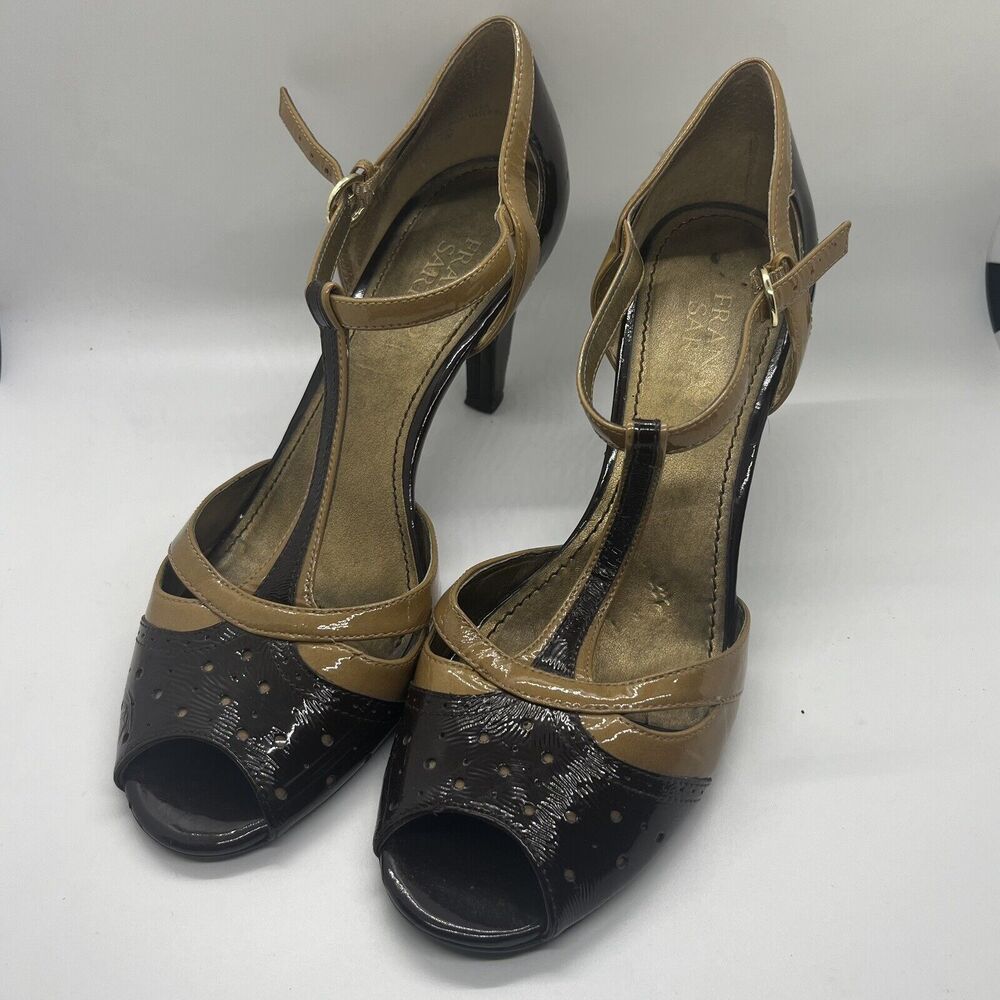 Vtg Franco Sarto 2-Tone Burgundy/Beige Peep Toe 8.5M Ankle Strap